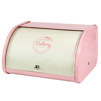 

Metal Bread Box Bin Kitchen Storage Containers Home Kitchen with Roll Top Lid Store Creamy-White and Pink