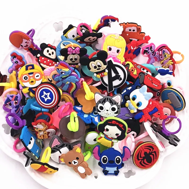 

Random 10Pcs Mix Cartoon PVC Rings for Children Girls Boys Baby Adjustable Kids Jewelry Finger Ring Party Gift
