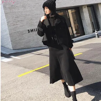 

2019 New Cashmere Long Skirt Wool Knit A-line Skirt Female Long High Waist Solid Color Black Gray Winter Loose Umbrella Skirt