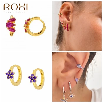 

ROXI Lovely Crown Flower Purple Rose Red Zircon Crystal Hoop Earrings for Women Earrings Cartilage 925 Sterling Silver Jewelry