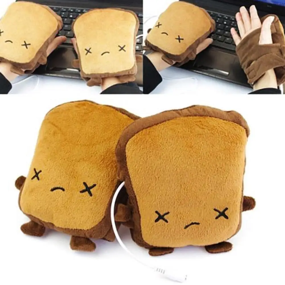 

1 Pair Cute Cartoon Toast Soft Hand Warmer USB Heating Fingerless Gloves Mitten