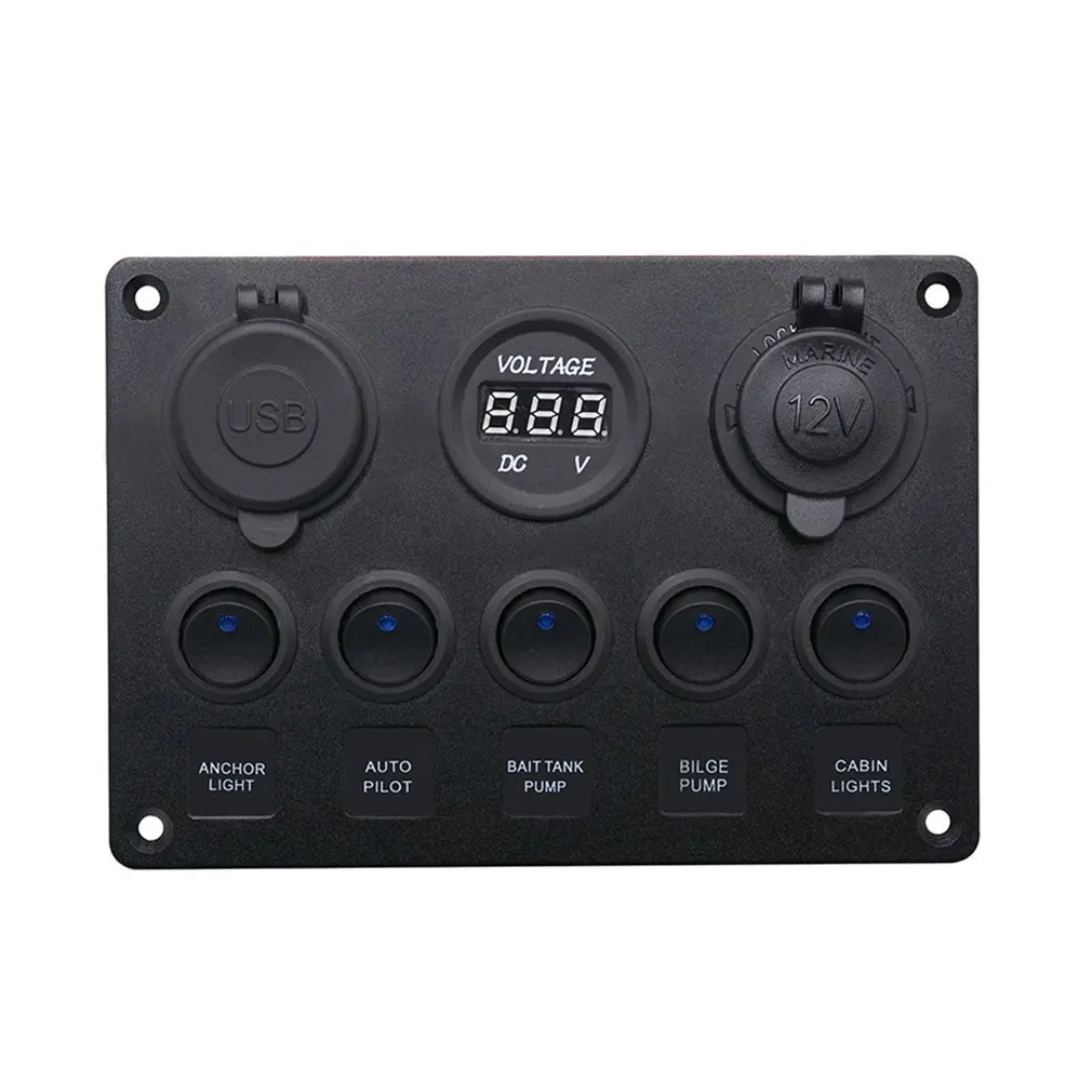 

New Dual USB Car Vehicle Charger LED Voltmeter 12V Power Outlet With 5 Toggle Switch Panel for Car Boat Marine RV Yachts