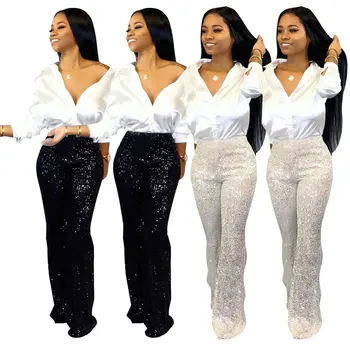 

Women Long Wide Leg Sequins Pants Woman Glitter Silver Black High Waist Trousers for Female Party Dance Flared Legs Pants 2020