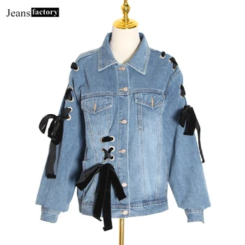 

Denim Jacket Women Vintage Lacing Long Sleeve Jeans Jackets Female Spring Autumn Basic Coat Windbreaker Casual Womens Clothes