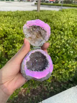 

Natural Angel Aura Agate Geode Crystal Hole Mineral Specimen Contains Clean Clusters Electro Plating Titanium Coating