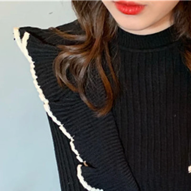 Sweater Women Fashion 2019 Autumn Winter Black Tops Female Knitted Pullovers Long Sleeve Ruffled Jumper Pull Femme Clothing Sweater Women Fashion 2019 Autumn Winter Black Tops Female Knitted Pullovers Long Sleeve Ruffled Jumper Pull Femme Clothing
