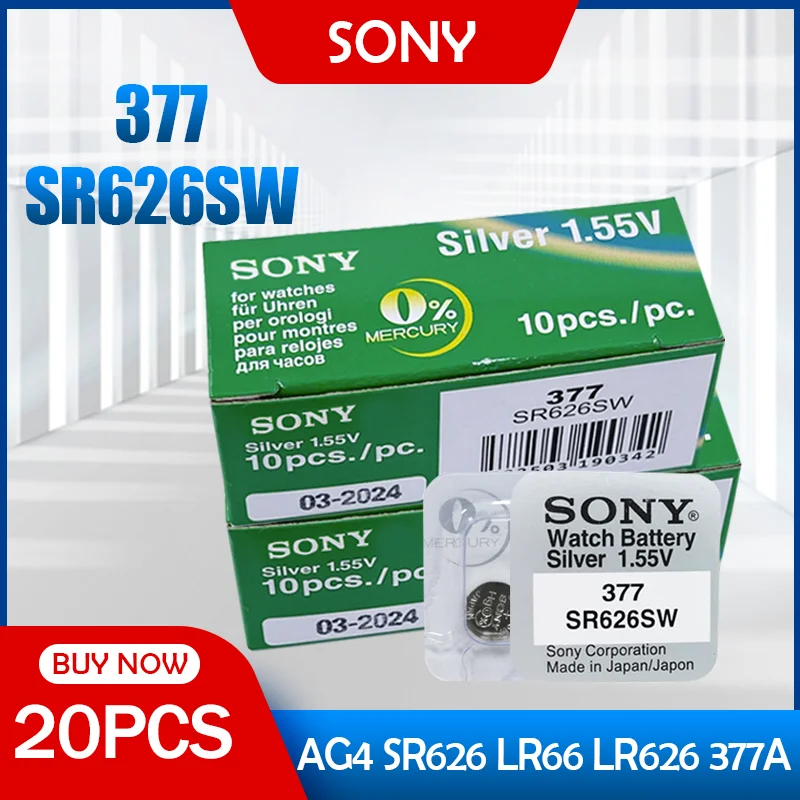 dyson battery replacement 20PCS 100% Original Sony 377 SR626SW SR626 AG4 LR626 1.55V Silver Watch Battery Single Grain Packing MADE IN JAPAN Button Cell button cell