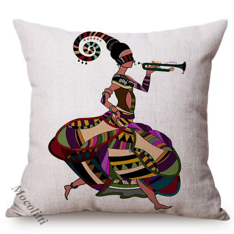 African Folk Traditional Music Art Hand Painted Africa Women Ride Giraffe Abstract Pattern Sofa Pillow Cover Linen Cushion Cover K156-6