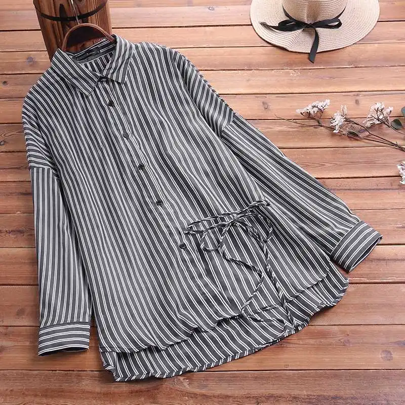 Топы больших размеров Blusas ZANZEA Женские повседневные блузки с длинным рукавом винтажные рубашки в полоску на пуговицах с нижними лямками S-5XL-туника - Цвет: Черный