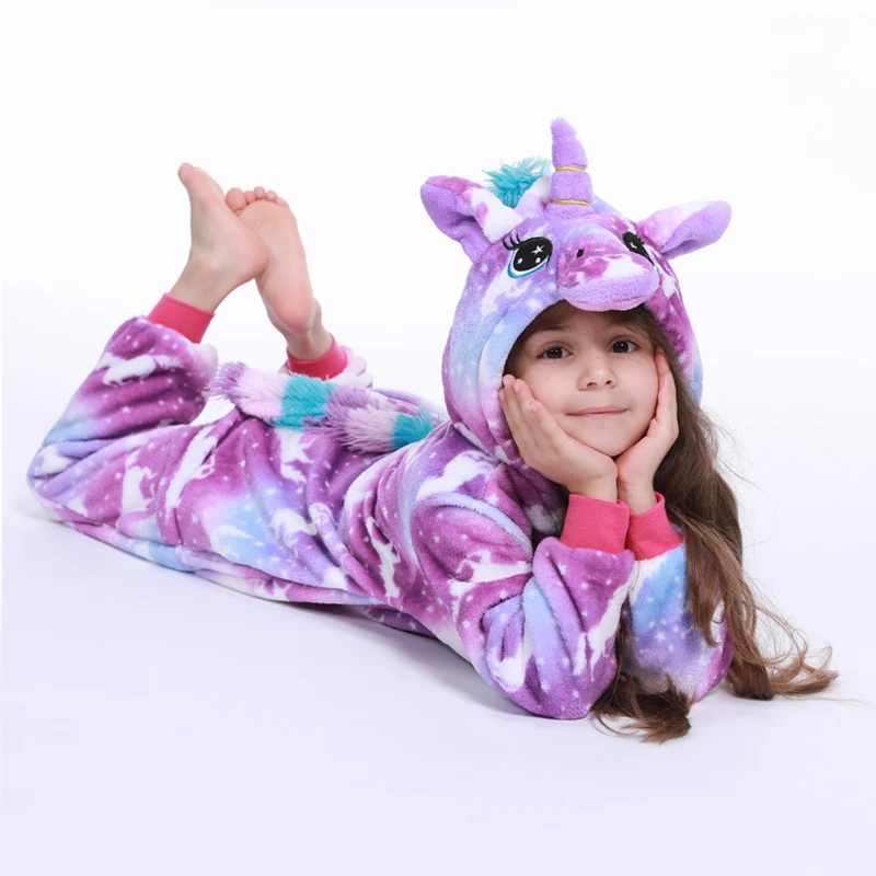 Kigurumi Onesie/Детские пижамы, пижамы с единорогом для мальчиков и девочек, зимние пижамы с животными, детская одежда для сна, Комбинезоны для подростков 4, 6, 8, 10 лет - Цвет: Purple Pegasus