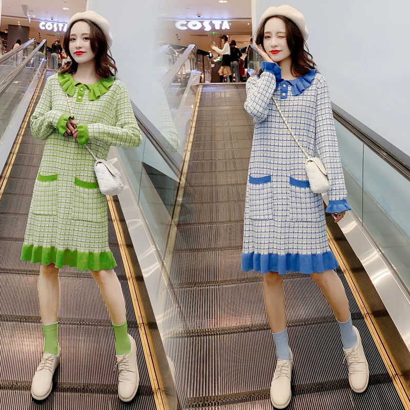 Зимнее трикотажное платье для беременных женщин с карманами, с длинным Расклешенным рукавом, воротник Питер Пэн, цветное клетчатое платье-труба