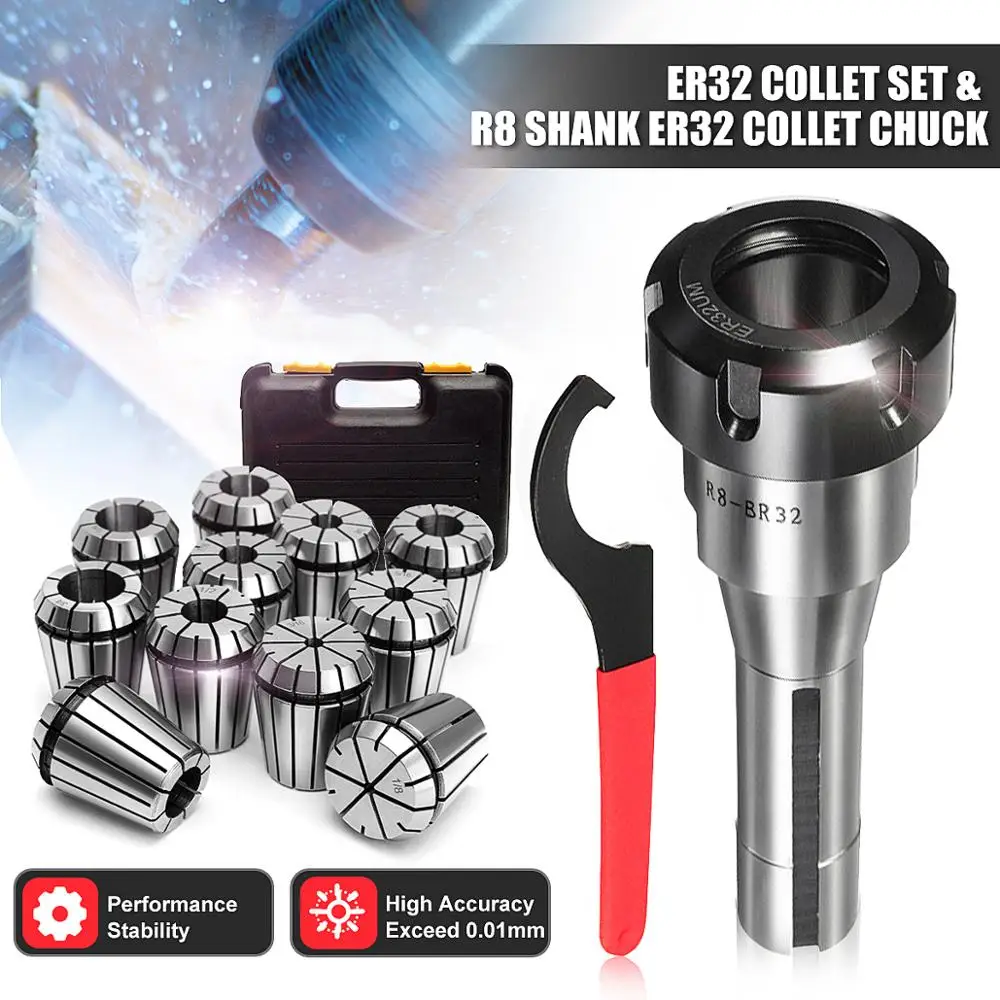 

11pcs ER32 Spring Collet Set Precision Collet Set 3mm-19mm R8-ER32 7/16 Collet Chuck Holder Wrench