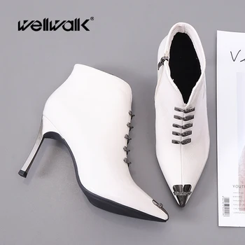 

Chick Ankle Boots Women Heels Shoes Metal Cap Pointed Toe Dress Short Booties Female Sexy Winter Club Bootee Woman New Off White