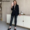 Yiyiyouni Autumn Winter High Waist Fleece PU Leather Pants Women Casual Faux Leather Trouser Women Pockets Straight Pants Female ► Photo 3/6