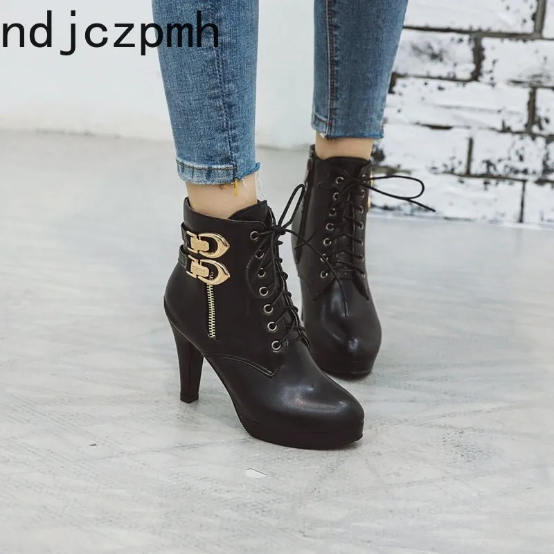 

Women's Boots New fashion winter Round head zipper lace-up High heel Martin boots Women's shoes 34-39 Heel Height 9.5cm black