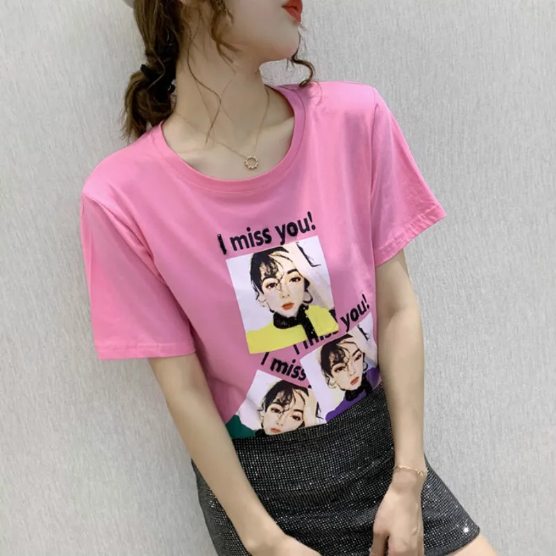 

Summer T-shirts 2020 Korean Fashion Printed Round Neck Short-sleeved T-shirt Female Wild Foreign Casual Student Loose Tshirts