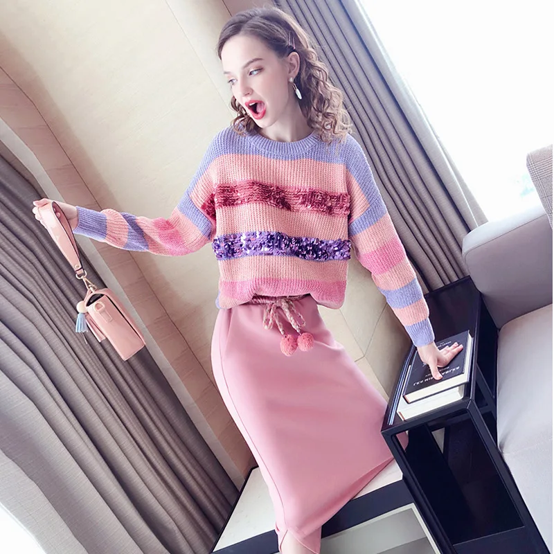 

Women's knit skirt set autumn and winter new fashion temperament commute striped sequin sweater with skirt two-piece
