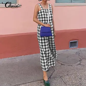 

Celmia Women Fashion Sleeveless Rompers Fashiong Plaid Wide Leg Pants Casual Loose Jumpsuits Long Trouser Back Zipper Plus Szie
