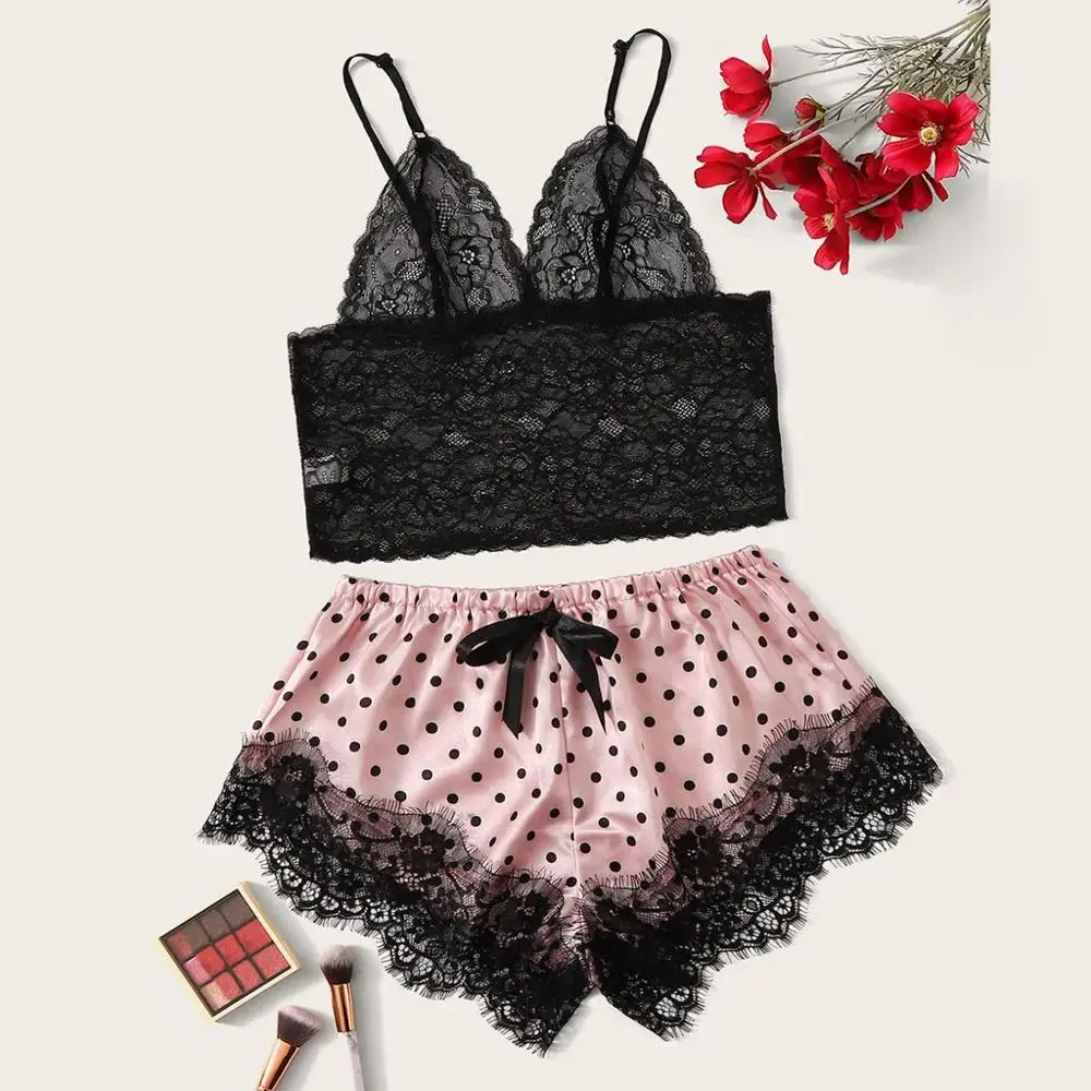 

Women Satin Pajamas Set Lace Dot Print Shorts Bow Sleepwear Set Roupa Para Dormir 2019 Hot Sale Ladies Lingerie Set Corset Y