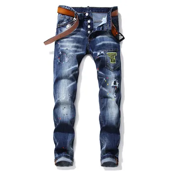

Men's Fashion Stitching Ripped Jeans Male Skinny Jeans Holes and Paint Splashing Blue Beggar Pants Straight Pants Free shipping