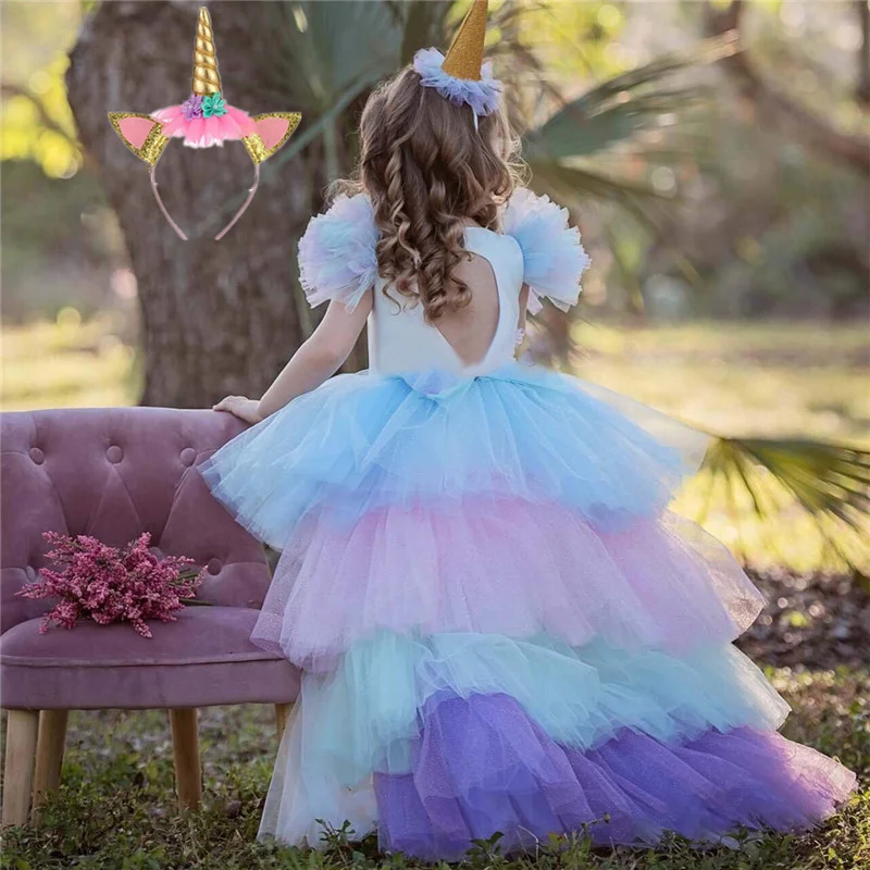 Рождественское платье с единорогом для девочек с длинным хвостом и повязкой на голову; бальное платье принцессы для дня рождения; детская одежда с лошадью