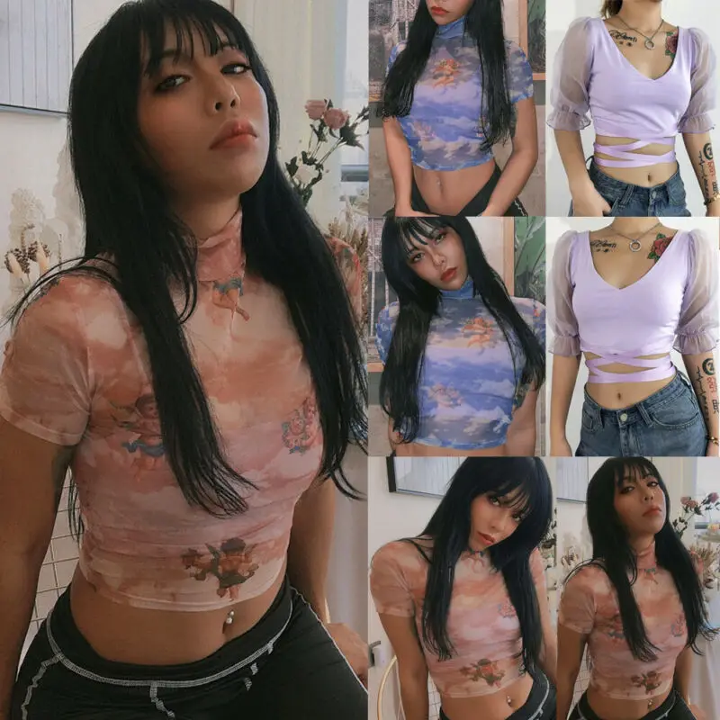 

2019 Sexy Mesh Summer Angel Print Crop Top Beach Short Sleeve Women T-shirt