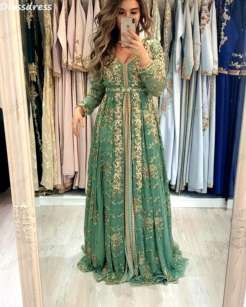 

Light Green Evening Dress 2020 New A-line Golden Applique Long Full Sleeves Muslim V-neck Luxury Prom Dress