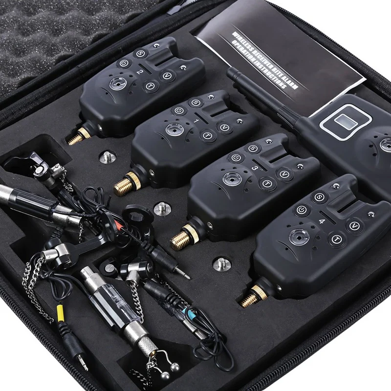 

Wireless Digital Fishing Bite Alarm Fishing Alarm 4 With Lcd Screen Indicator 1 Receiver 4 Fish Swingers With Zippered Case