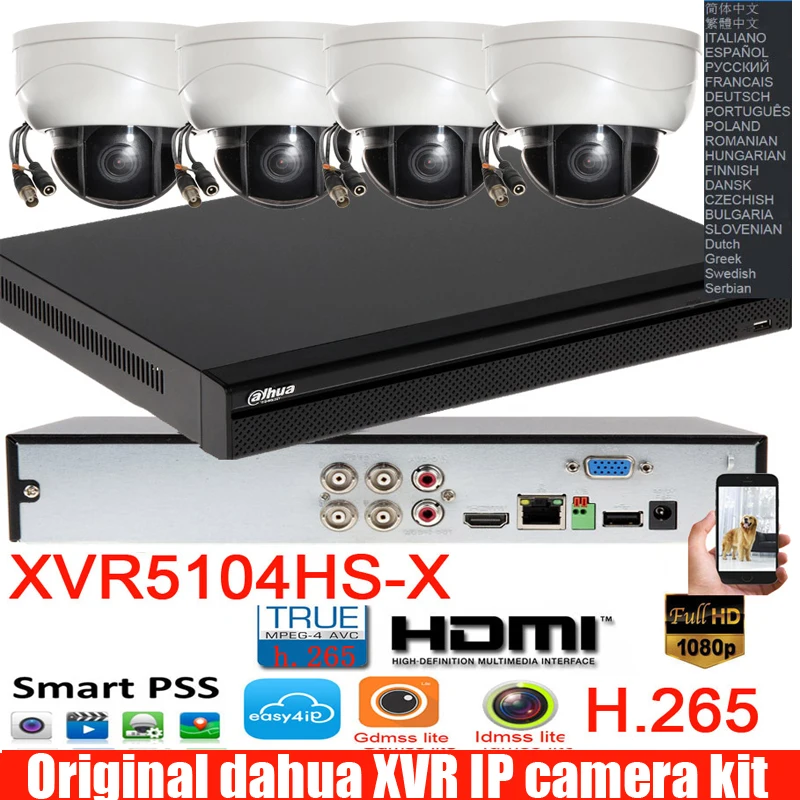 Mutil language Dahua H.265 видеомагнитофон xvr 4CH DH-XVR5104HS-X с 4 шт. 2MP 4MP ptz CVI купол системный комплект для фотокамеры