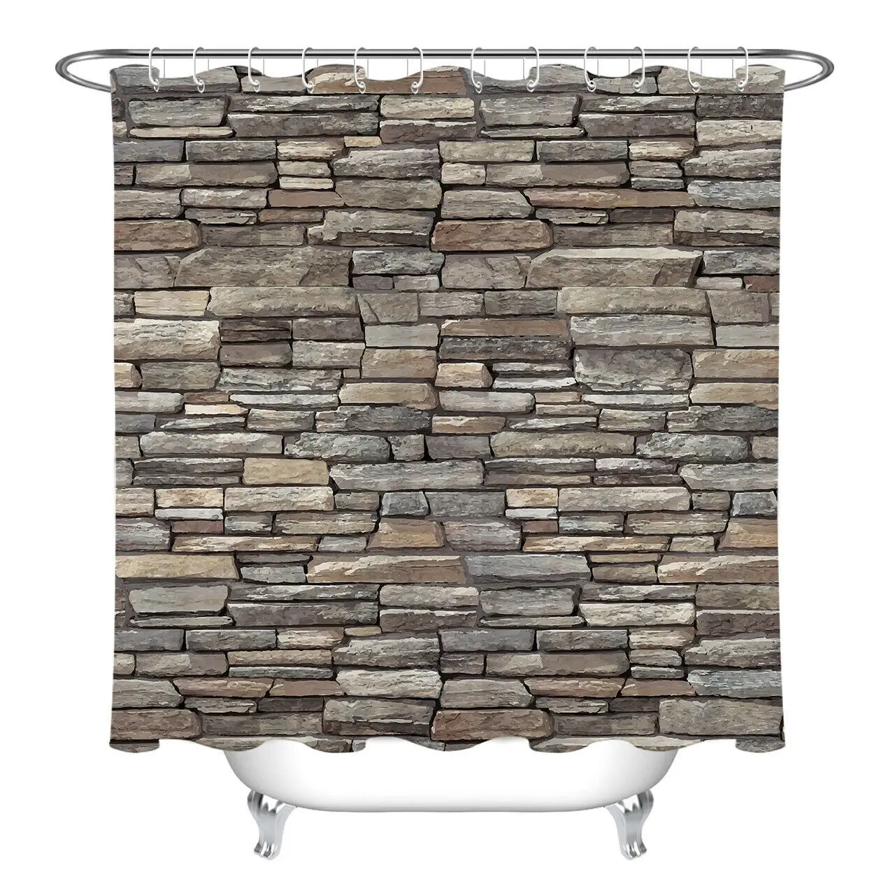 Shabby Grunge Rustic Stone Wall Waterproof Fabric Shower Curtain Bathroom Hooks 