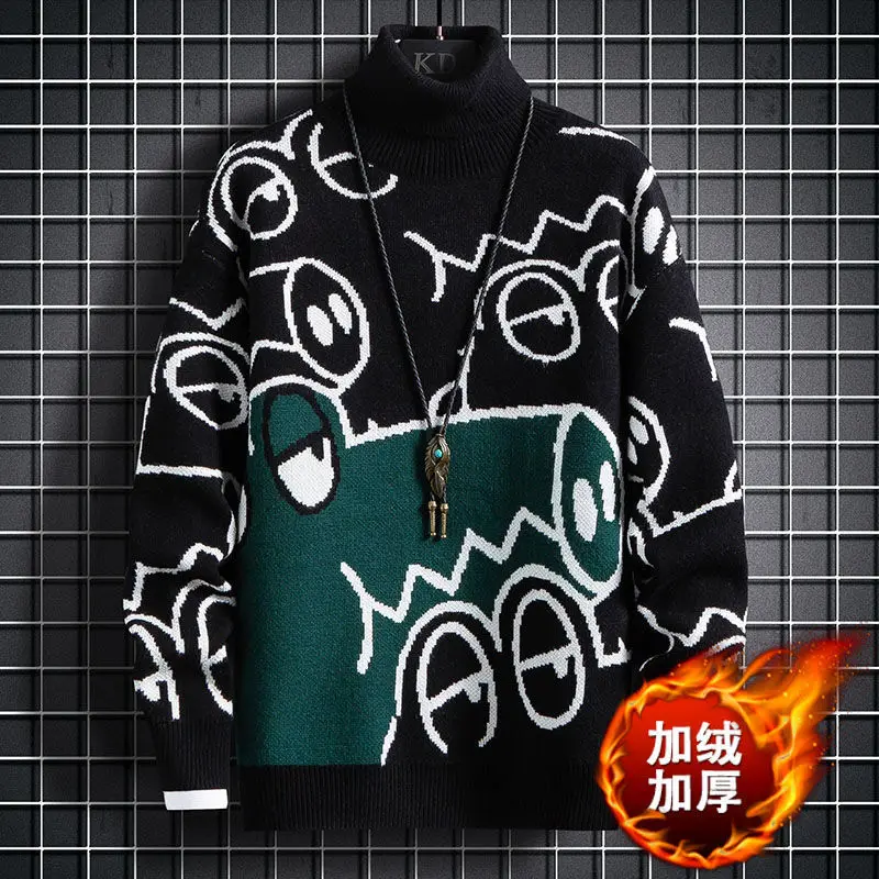 

Autumn and winter Korean style youth students high collar Pullover Sweater for men's loose and plush knitted bottoming shirt
