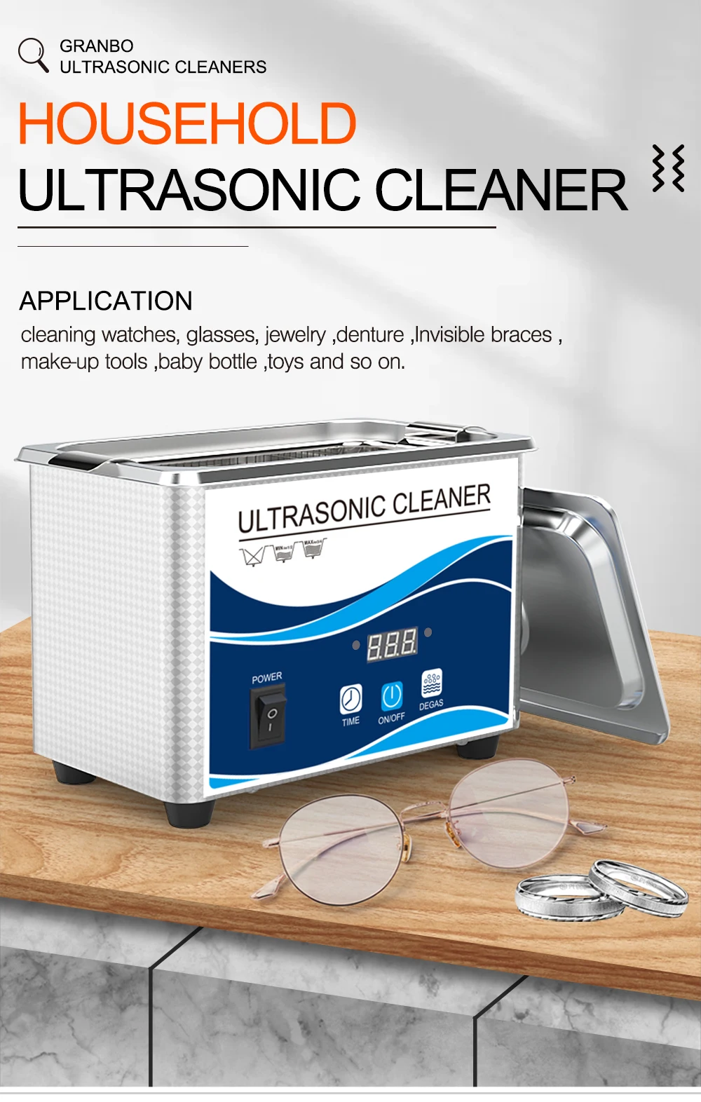 Household GA008 Ultrasonic Cleaner Stainless Steel Bath 60W Piezoelectric Transducer Glasses Cellphone Board Jewelry Washer