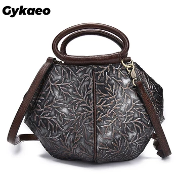 

Gykaeo Ethnic Style Handmade Retro Shoulder Bag Ladies Casual Embossed Floral Genuine Leather Bags Women Small Vintage Tote Bag