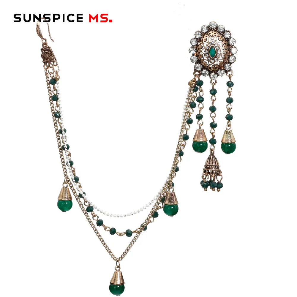 LL096green-right SUNSPICE, MS, высокое качество, индийские ювелирные изделия, серьги, звено, головной убор, Длинная кисточка, антикварные бусины золотистого цвета, цепочка, этническая Свадебная бижутерия - Окраска металла: LL096green-right