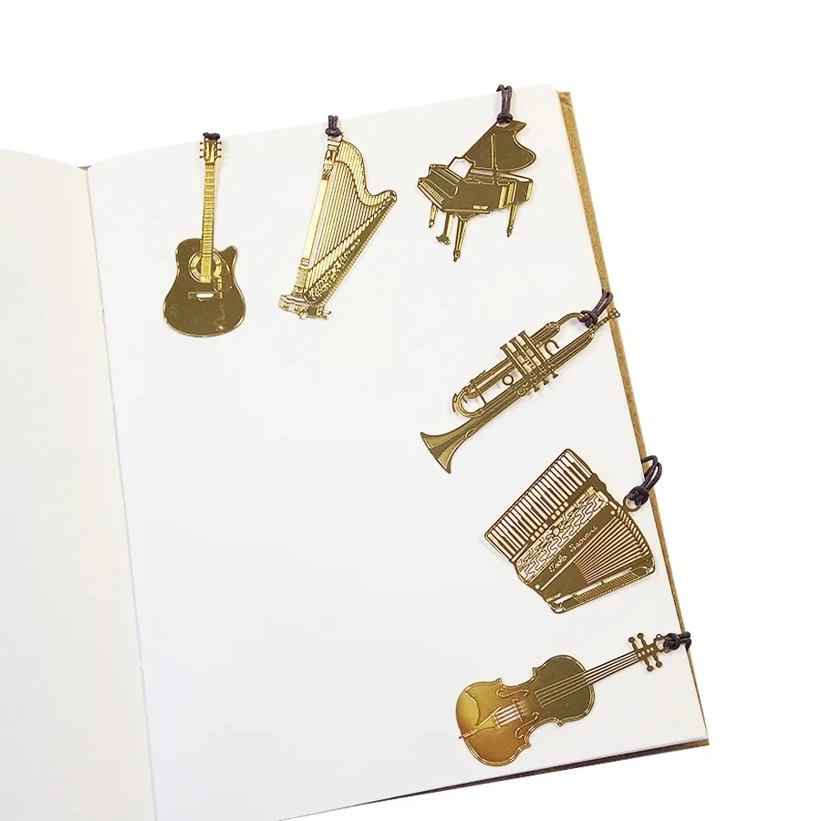 

50 Pcs/lot Cute Kawaii Golden Metal Music Bookmarks Piano Guitar Trumpet Designs Book Marks Card Gifts