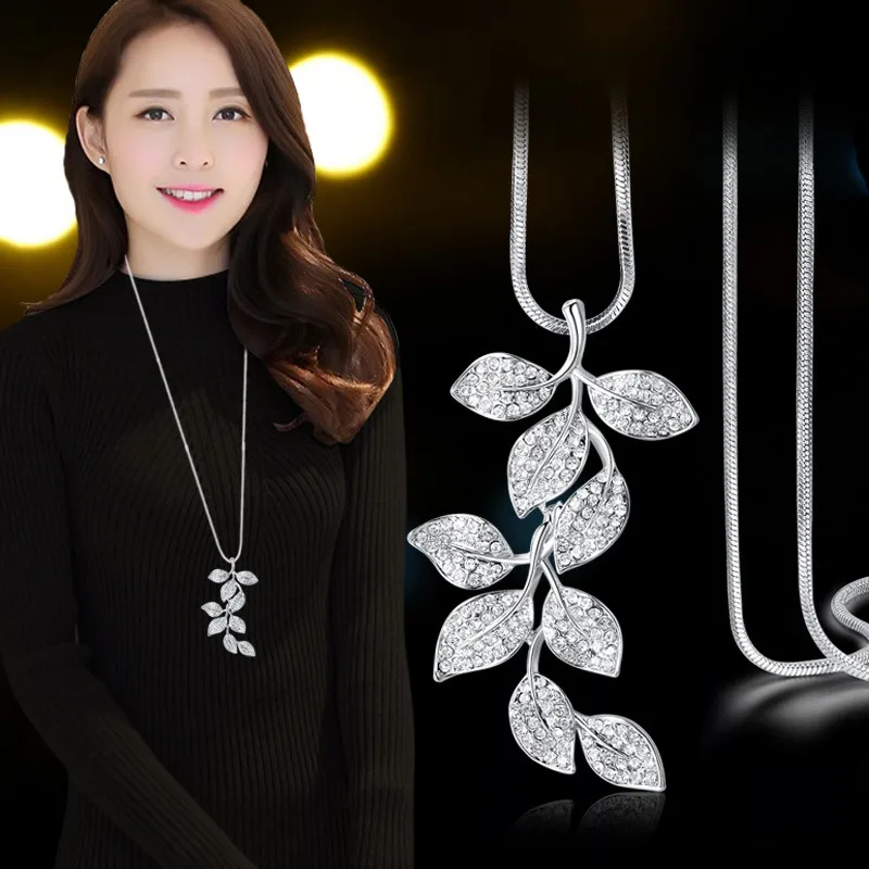 

80cm Length Crystal Leaf Statement Necklace Trendy Sweater Chain Fashion Shopping Party Jewelry