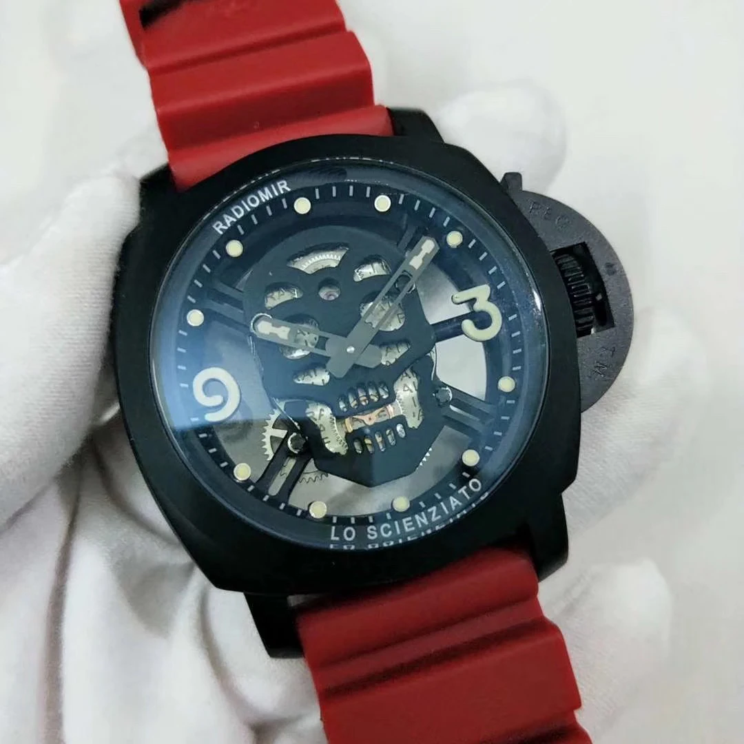 

Luxury Brand New Men Japanese Quartz Red Rubber Sapphire Stainless Steel Skeleton Glass Back Skull Luminous Watch Waterproof