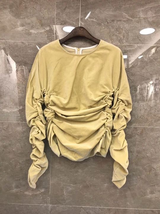

2019 Early Autumn New Female Round Neck Back Zipper Wrinkled Long Sleeve Velvet Bottom Jacket 811