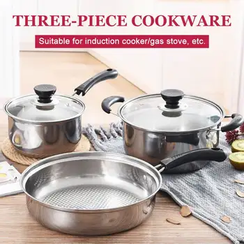 

3 pcs/Set Stainless Steel Pot Hotpot Induction Cooker Gas Stove Compatible Pot Home Kitchen Cookware Soup Cooking Pot