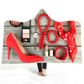 

Bag Perfume High Heels Print Girl Hooded Blanket Sherpa Fleece Wearable Blanket for Travel Office Home Picnic Custom Kids Gift