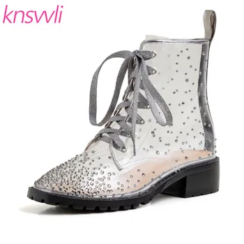 

Clear PVC Chelsea Boots Woman Lace Up Round Toe Botas Mujer Rhinestone Flat Summer Ankle Boots For Women Zapatos De Mujer