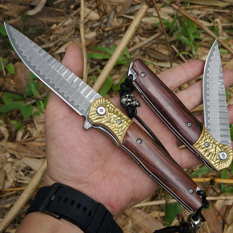 Damascus Folding Knife Tactical Camping Survival VG10 Blade Outdoor EDC Tools Pocket Knives Copper+Wood Handle | Инструменты