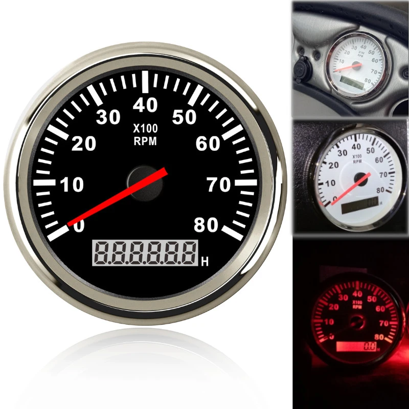 85mm Marine Boat Tachometer Car Truck Tacho Gauge With Hour Meter 0-8000RPM