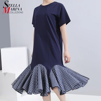 

* New 2020 Korean Style Women Summer Blue Flare Dress Striped Hem With Mesh Overlay Lady Cute Midi Casual Dress Robe Femme 6059