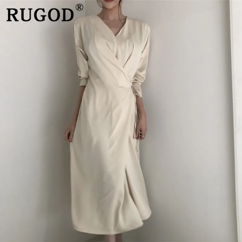 RUGOD, офисное женское тонкое длинное платье, элегантное, v-образный вырез, сплошное, миди, на шнуровке, платья для женщин, Auturm, необычное платье для вечеринки, vestidos femme