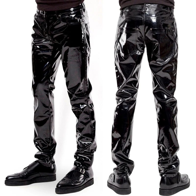 Мужские брюки, брюки, Клубная одежда из искусственной кожи, сексуальные брюки для выступлений, мокрый вид