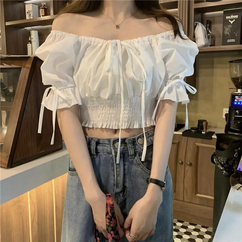 H4ac87f3136f44753aed724446eadf629p - Summer Korean Square Lace-Up Collar Short Sleeves Drawstrings Waist-Controlled Crop Blouse