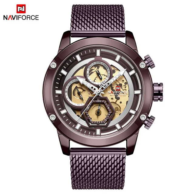 NAVIFORCE 9167 мужские часы Топ люксовый бренд Мужские Военные Спортивные кварцевые наручные часы из нержавеющей стали мужские часы Relogio Masculino - Цвет: Кофе