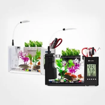 

Mini Plastic Fish Tank Aquarium LED Lighting USB Betta Fish Tanks with Pen Holder LCD Display Screen and Clock Acquario