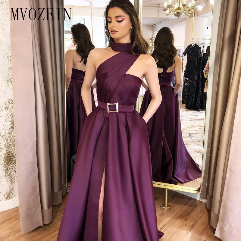 

Satin Long Evening Dress 2019 Satin A-Line High Collar Sleeveless High Split Floor Length Evening Dresses Robe de soiree